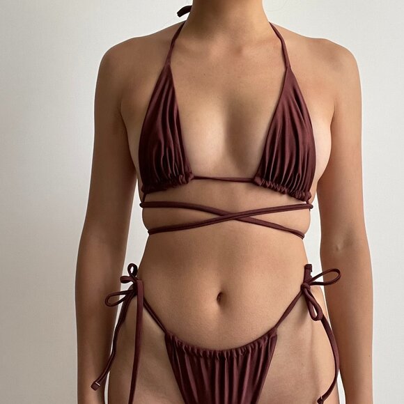 RUCHED TIE AROUND BROWN CHEEKY BIKINI XS - Picture 1 of 2